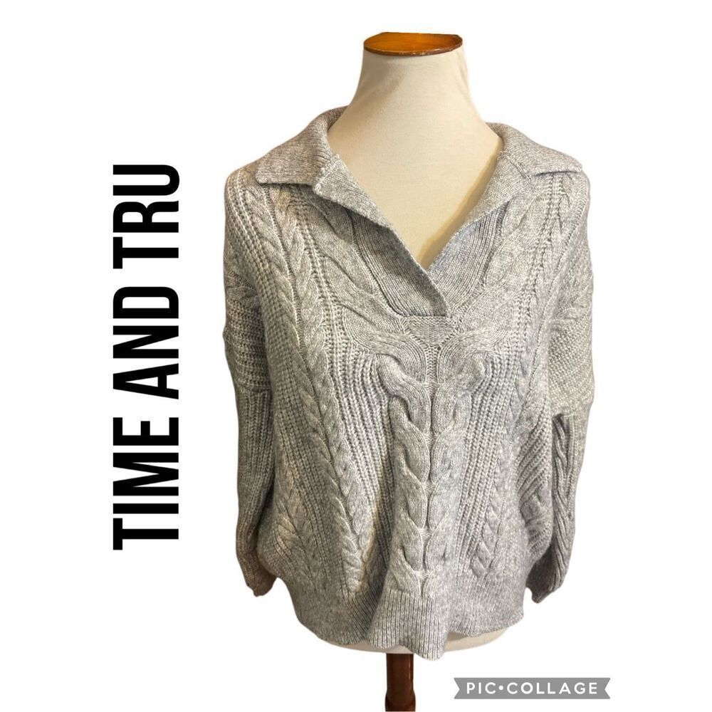 Time and Tru Gray Cable Knit V-Neck Collared Long Sleeve Sweater Size L (12-14)